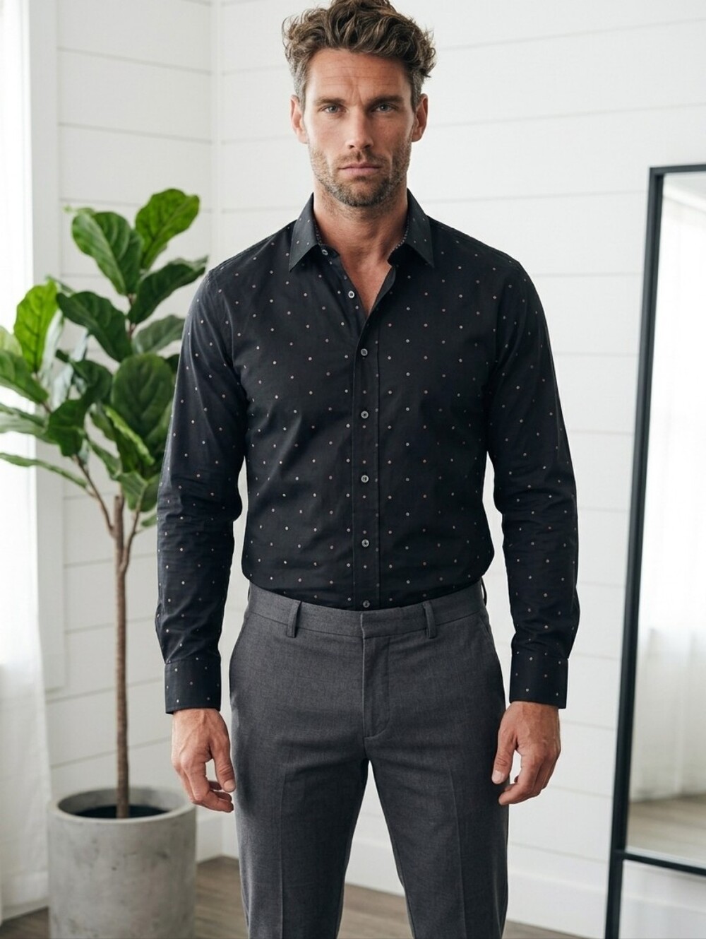Black Long-Sleeve Button-Down Shirt with Subtle Multicolor Dots